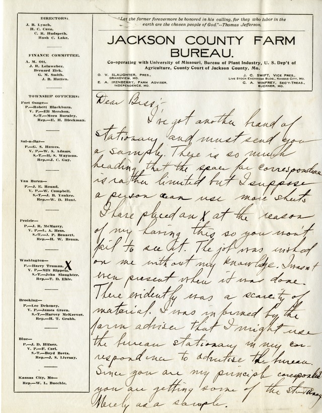 Letter from Harry S. Truman to Bess Wallace