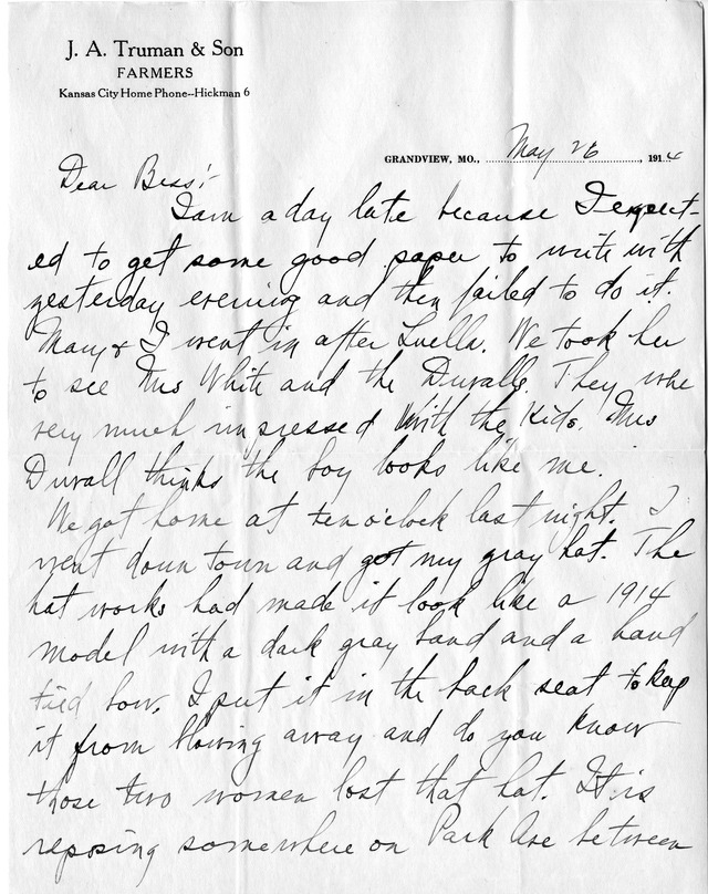 Letter from Harry S. Truman to Bess Wallace