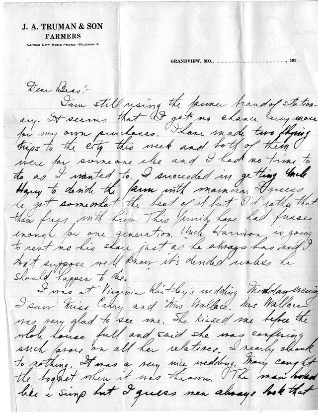 Letter from Harry S. Truman to Bess Wallace