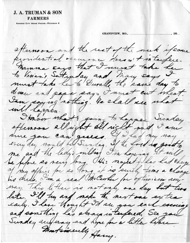 Letter from Harry S. Truman to Bess Wallace