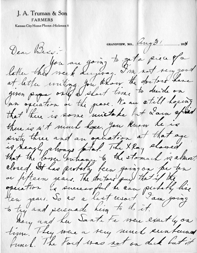 Letter from Harry S. Truman to Bess Wallace