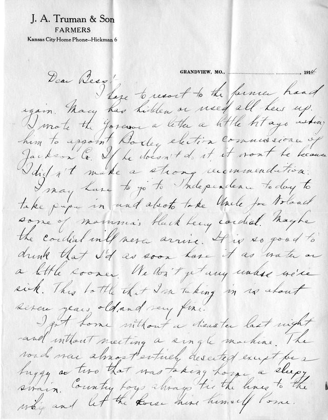 Letter from Harry S. Truman to Bess Wallace