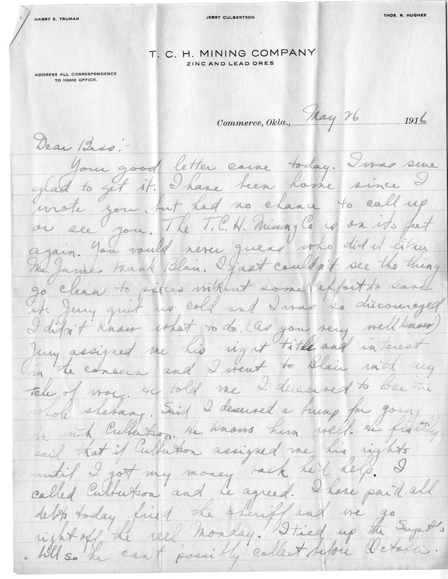 Letter from Harry S. Truman to Bess Wallace
