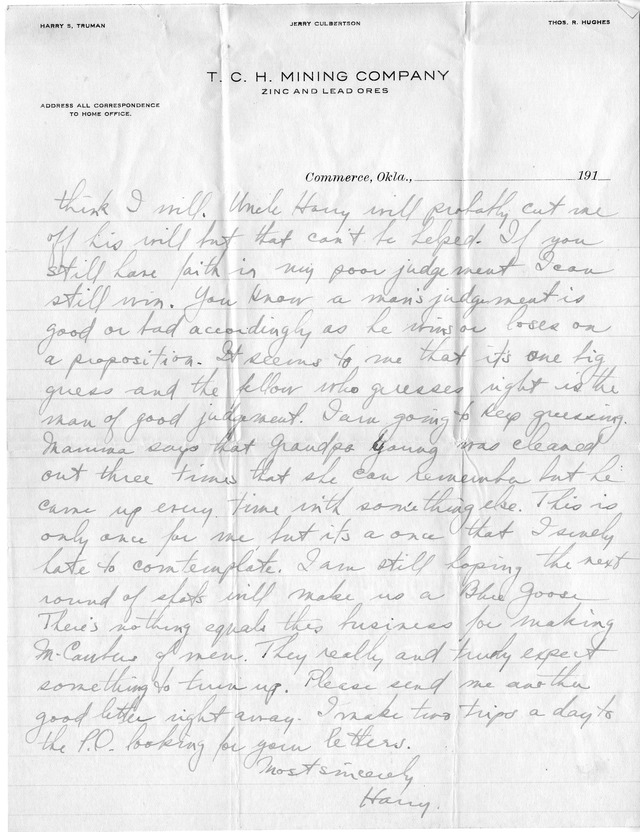 Letter from Harry S. Truman to Bess Wallace