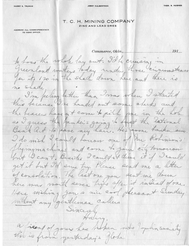 Letter from Harry S. Truman to Bess Wallace