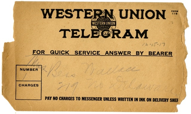 Telegram from Harry S. Truman to Bess Wallace