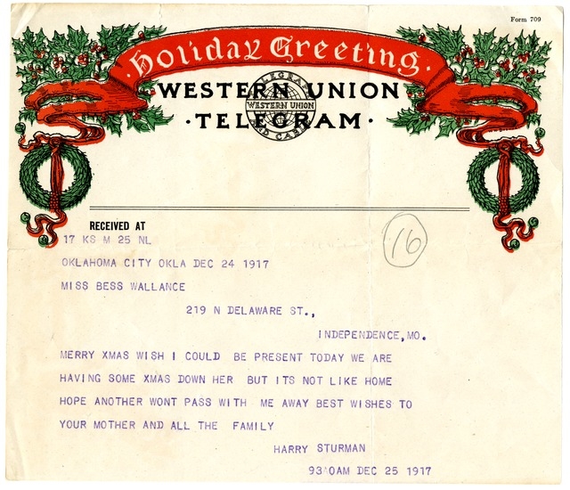 Telegram from Harry S. Truman to Bess Wallace