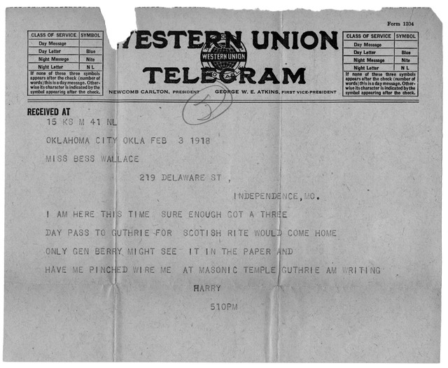Telegram from Harry S. Truman to Bess Wallace