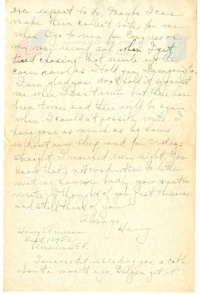 Letter from Harry S. Truman to Bess Wallace