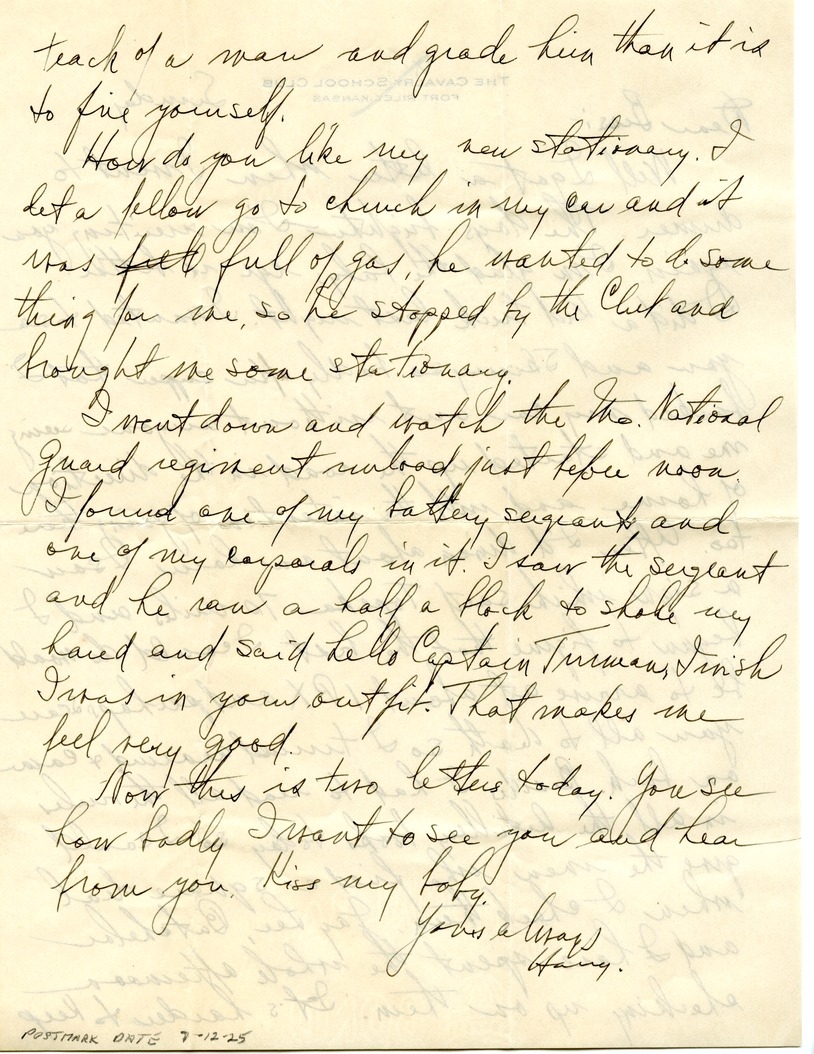 Letter from Harry S. Truman to Bess W. Truman