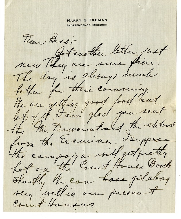 Letter from Harry S. Truman to Bess W. Truman