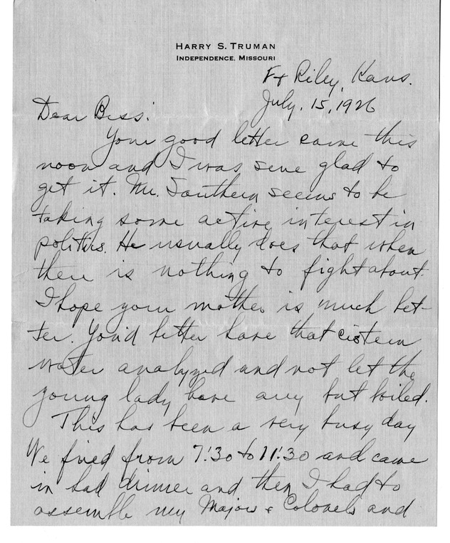Letter from Harry S. Truman to Bess W. Truman
