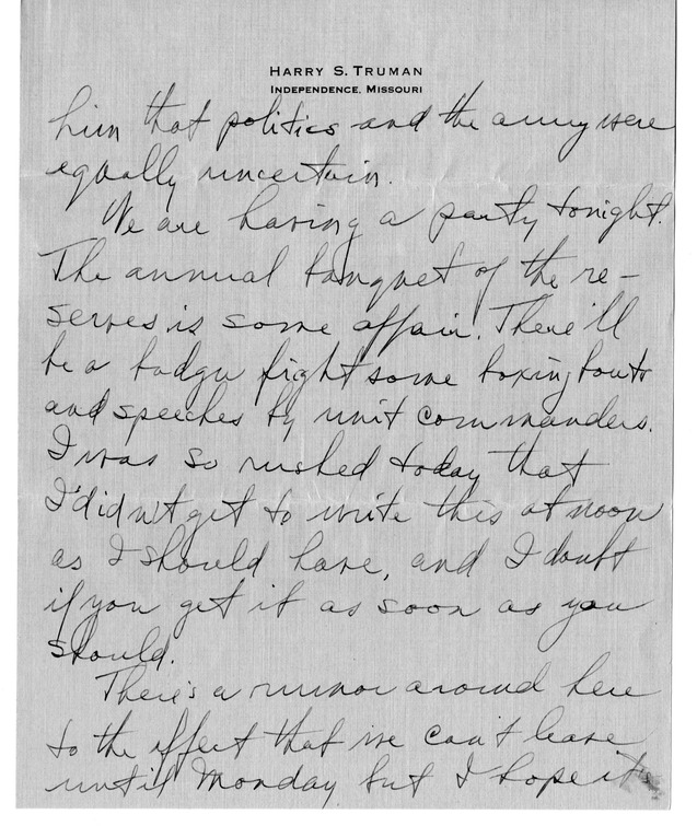 Letter from Harry S. Truman to Bess W. Truman