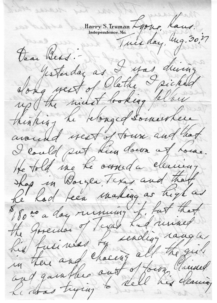 Letter from Harry S. Truman to Bess W. Truman