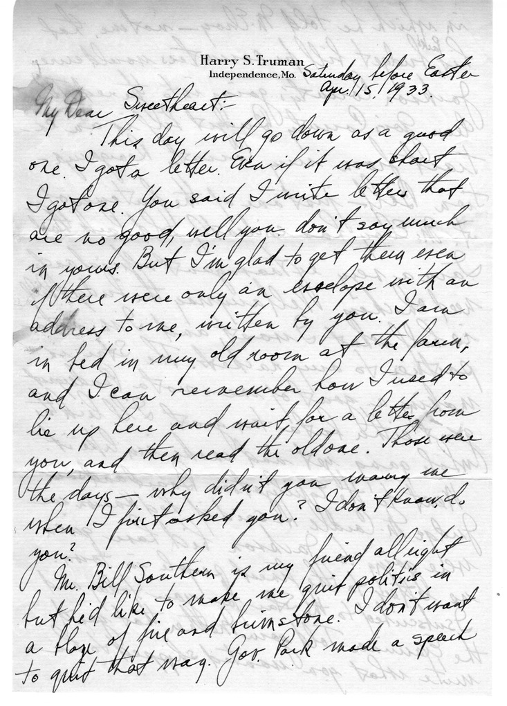 Letter from Harry S. Truman to Bess W. Truman