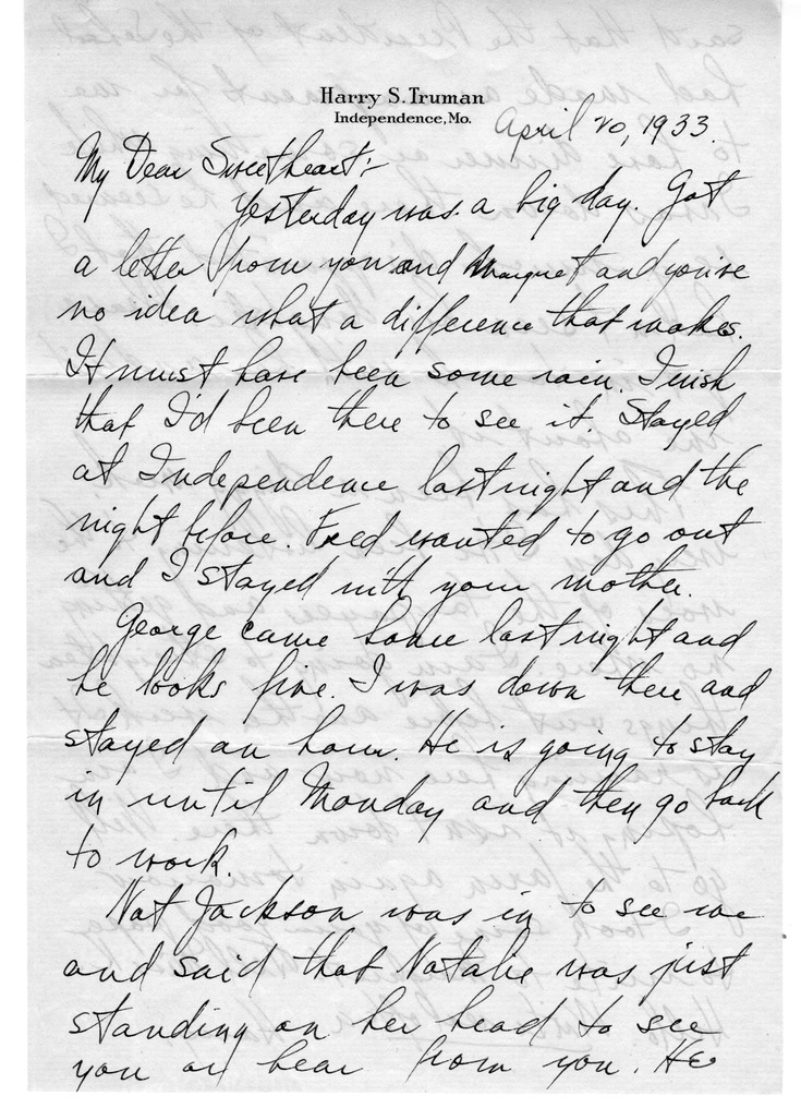 Letter from Harry S. Truman to Bess W. Truman