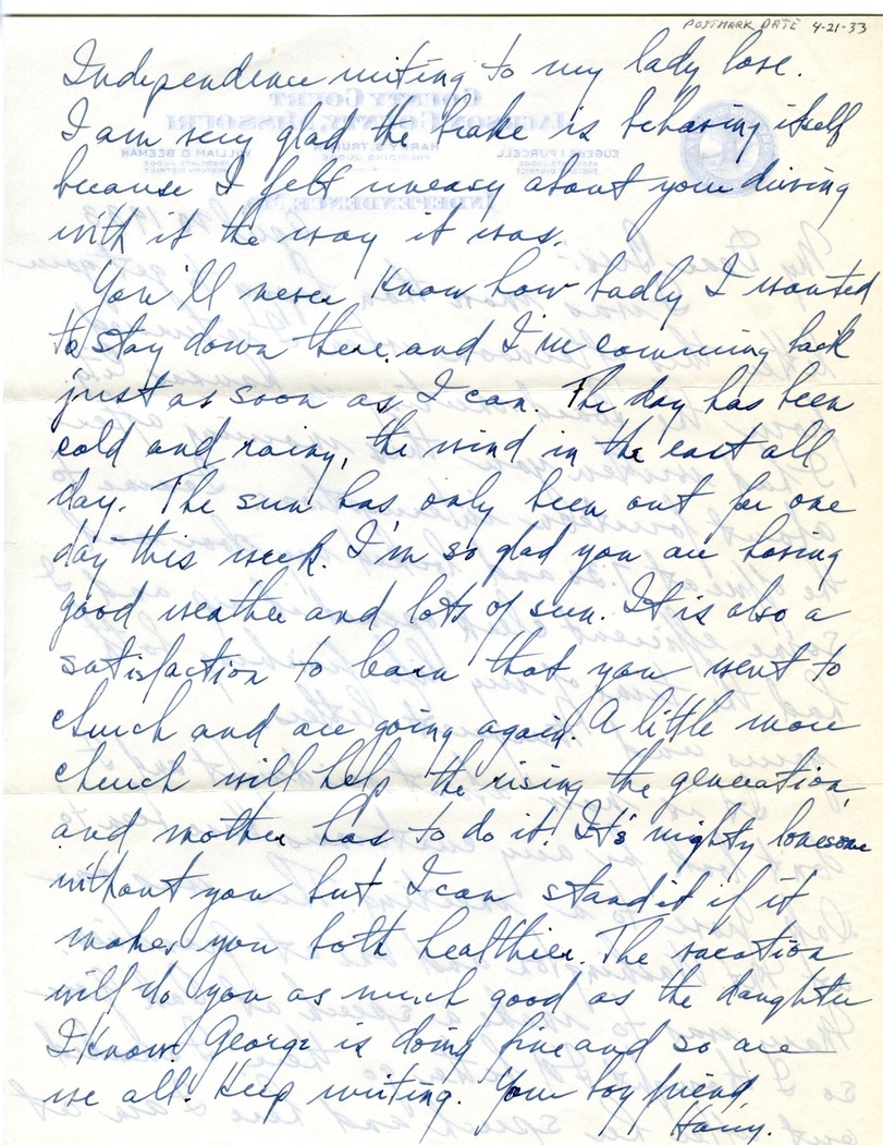 Letter from Harry S. Truman to Bess W. Truman