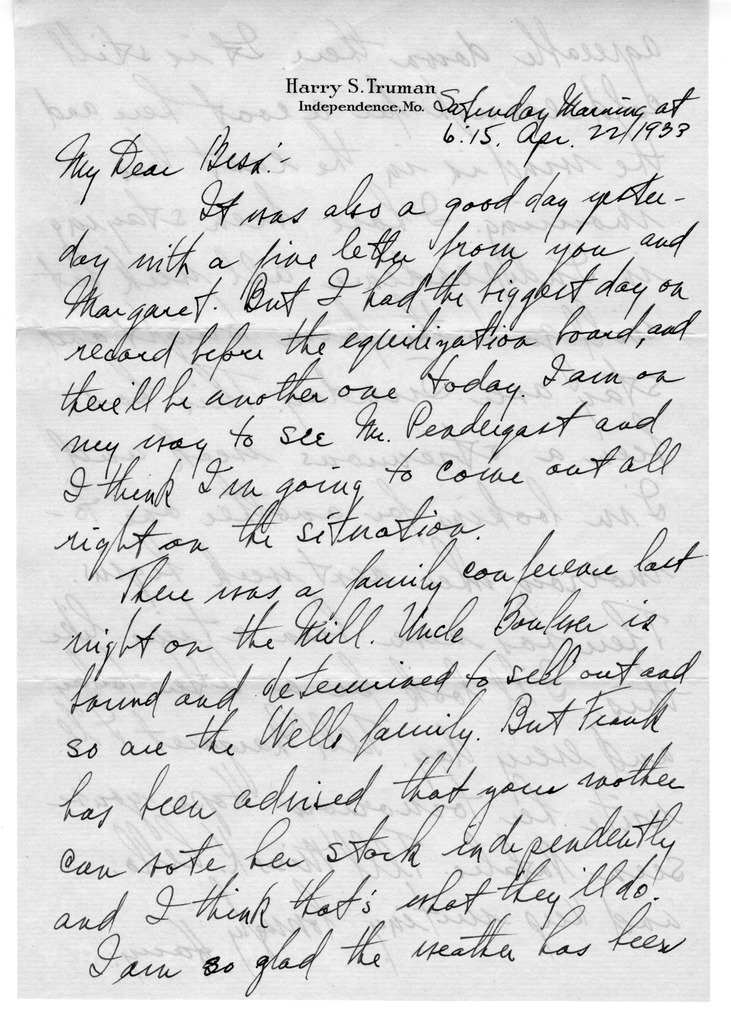 Letter from Harry S. Truman to Bess W. Truman