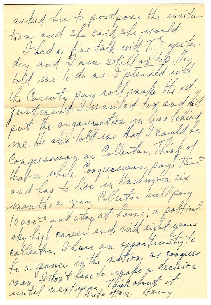 Letter from Harry S. Truman to Bess W. Truman