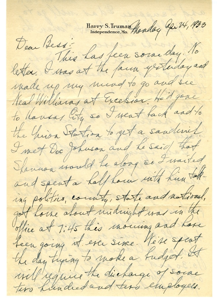 Letter from Harry S. Truman to Bess W. Truman