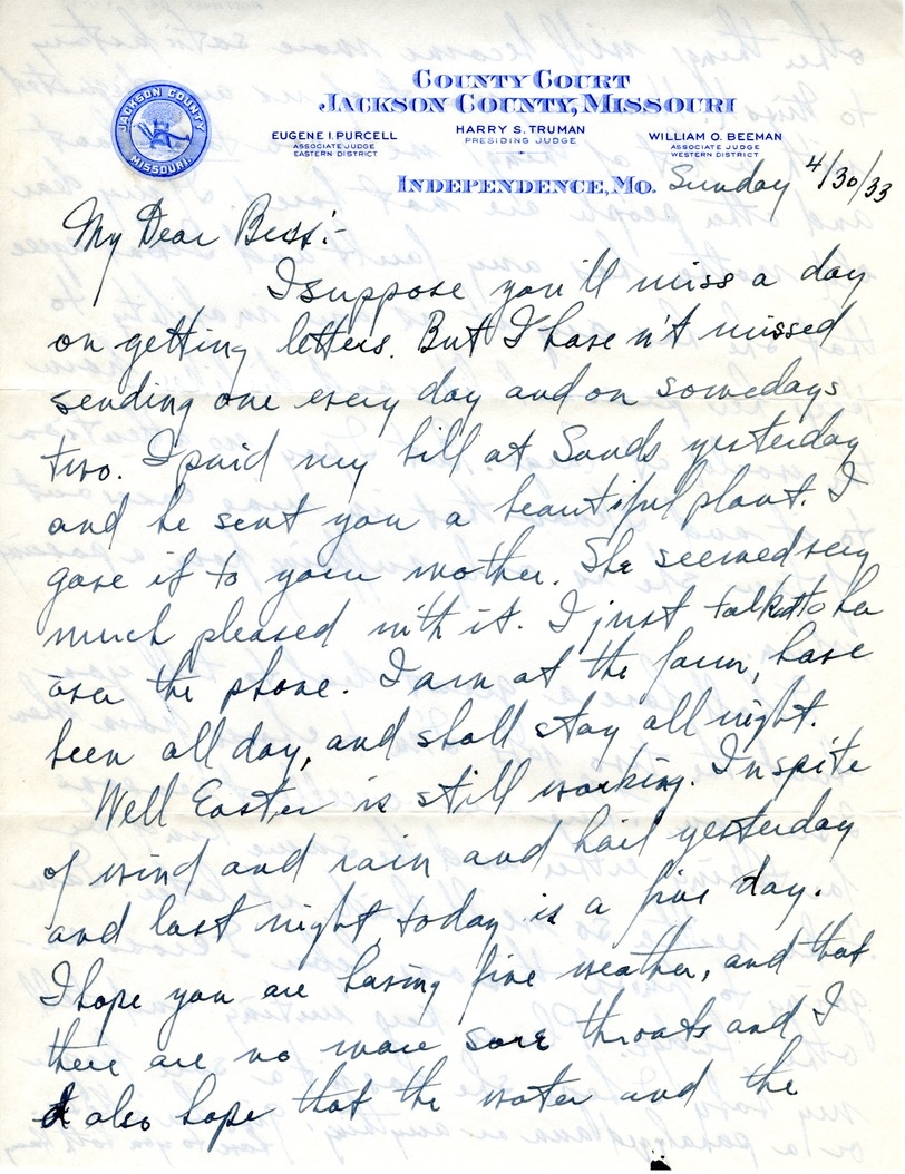 Letter from Harry S. Truman to Bess W. Truman