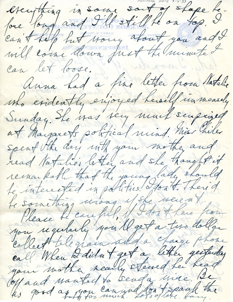 Letter from Harry S. Truman to Bess W. Truman