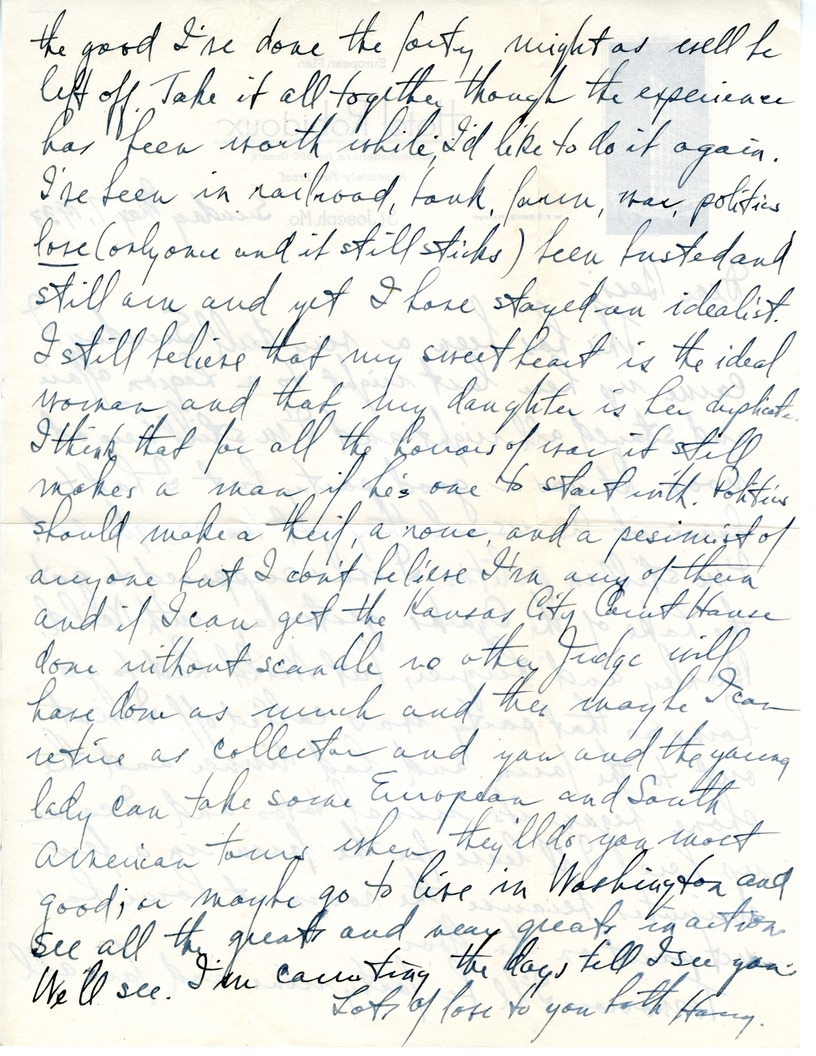 Letter from Harry S. Truman to Bess W. Truman