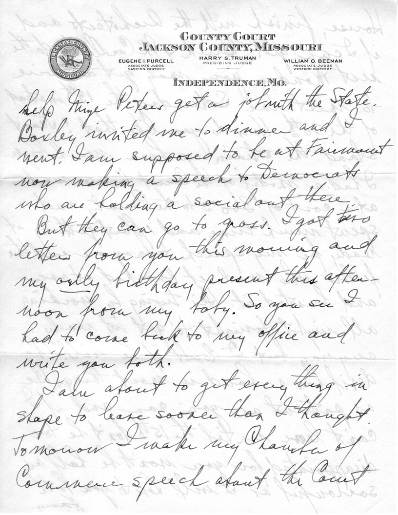 Letter from Harry S. Truman to Bess W. Truman