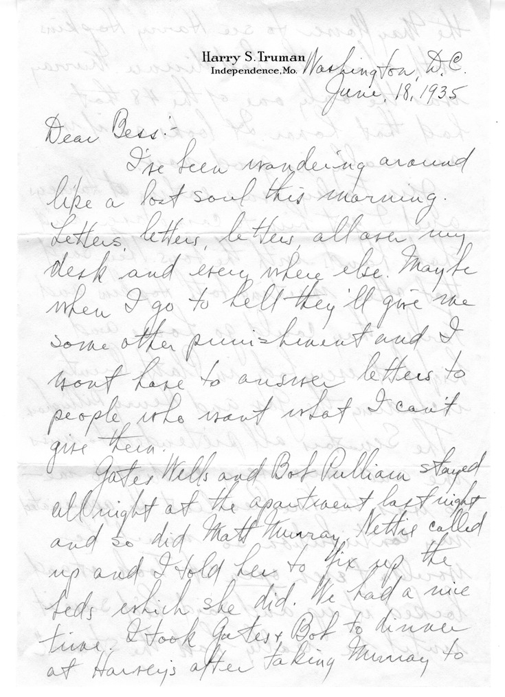 Letter from Harry S. Truman to Bess W. Truman