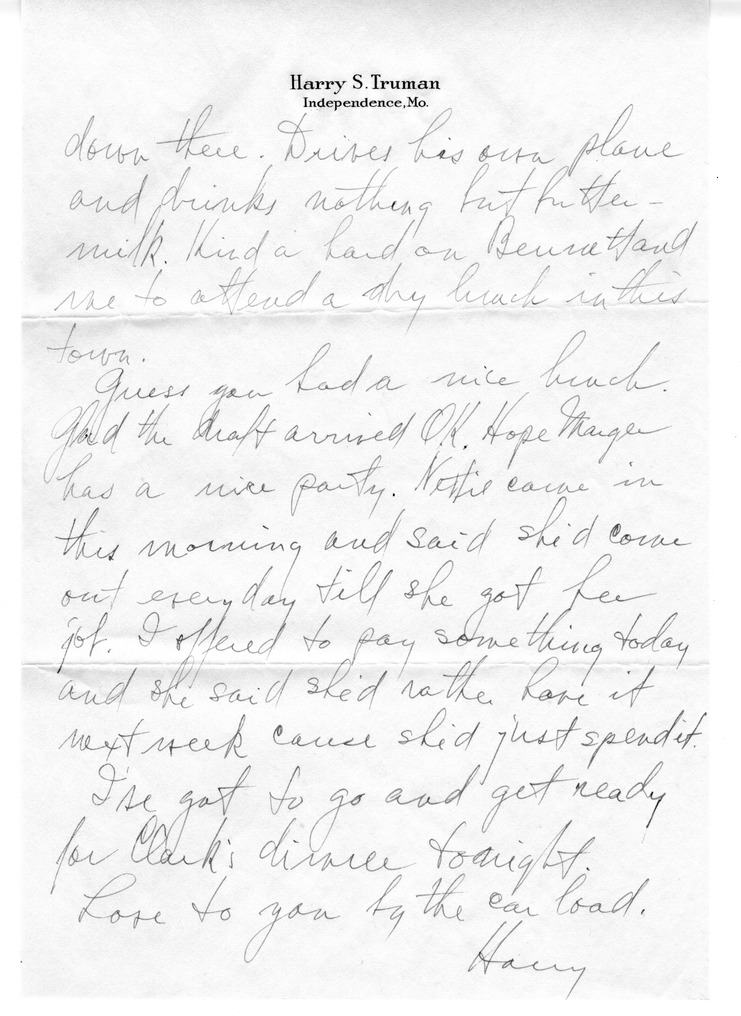 Letter from Harry S. Truman to Bess W. Truman