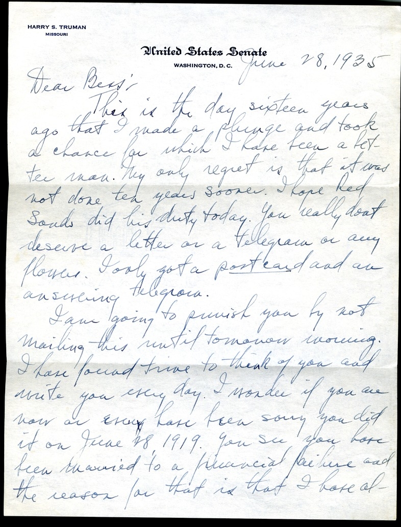 Letter from Harry S. Truman to Bess W. Truman