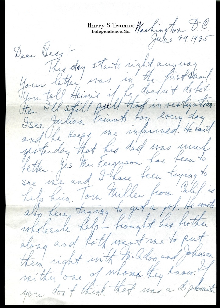 Letter from Harry S. Truman to Bess W. Truman