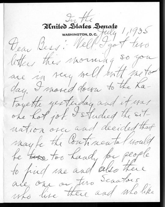 Letter from Harry S. Truman to Bess W. Truman