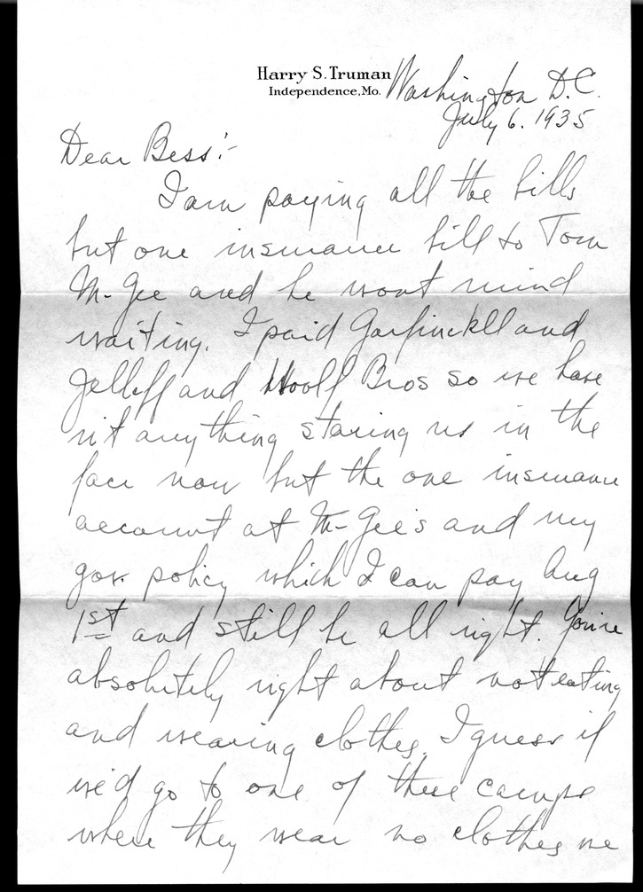 Letter from Harry S. Truman to Bess W. Truman