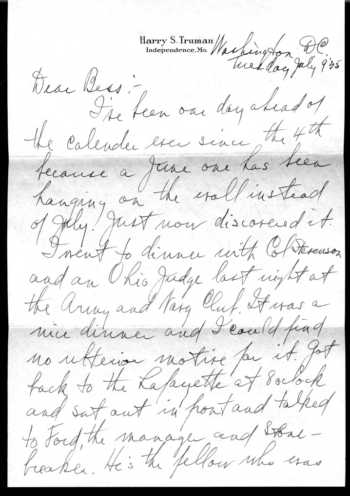 Letter from Harry S. Truman to Bess W. Truman