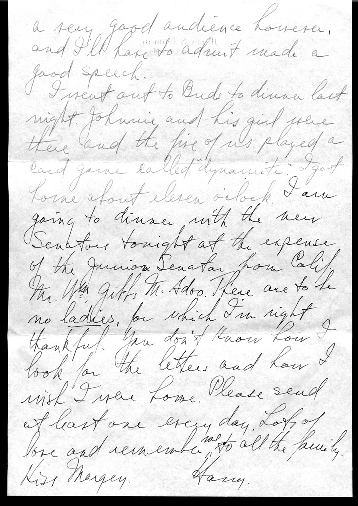 Letter from Harry S. Truman to Bess W. Truman
