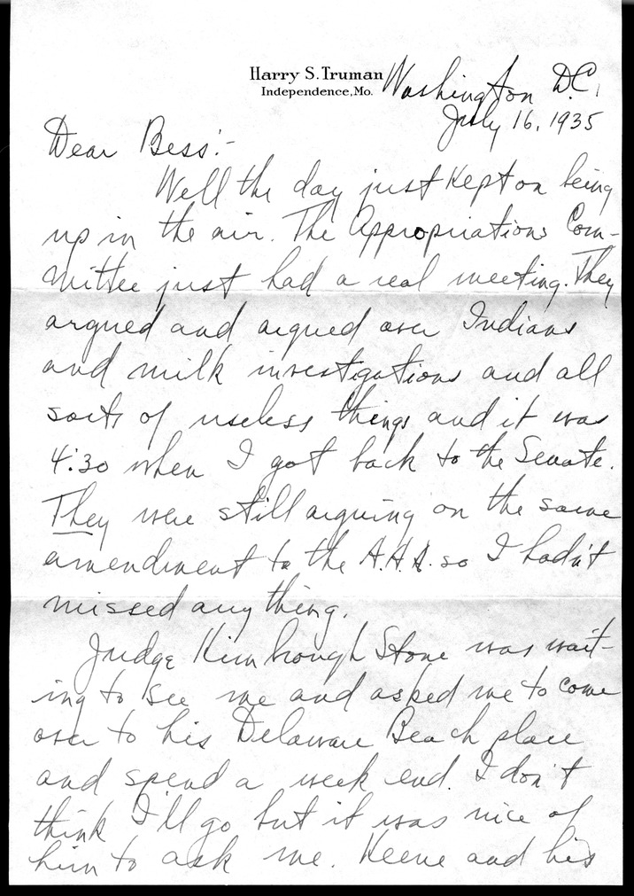 Letter from Harry S. Truman to Bess W. Truman