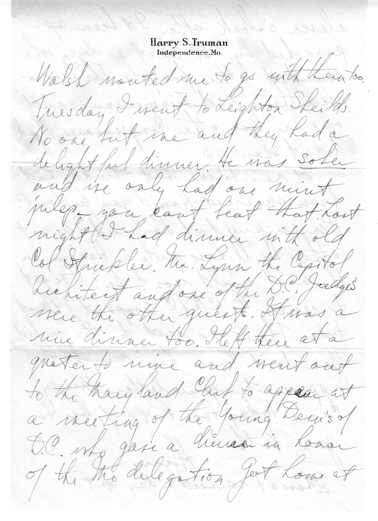 Letter from Harry S. Truman to Bess W. Truman