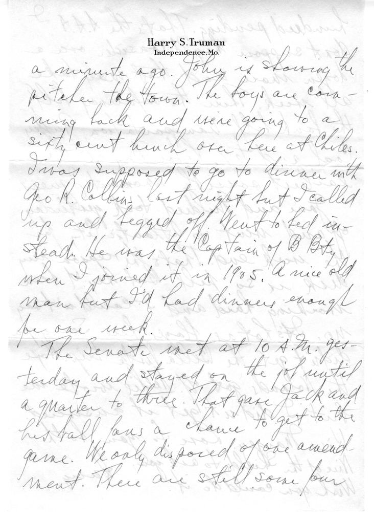 Letter from Harry S. Truman to Bess W. Truman