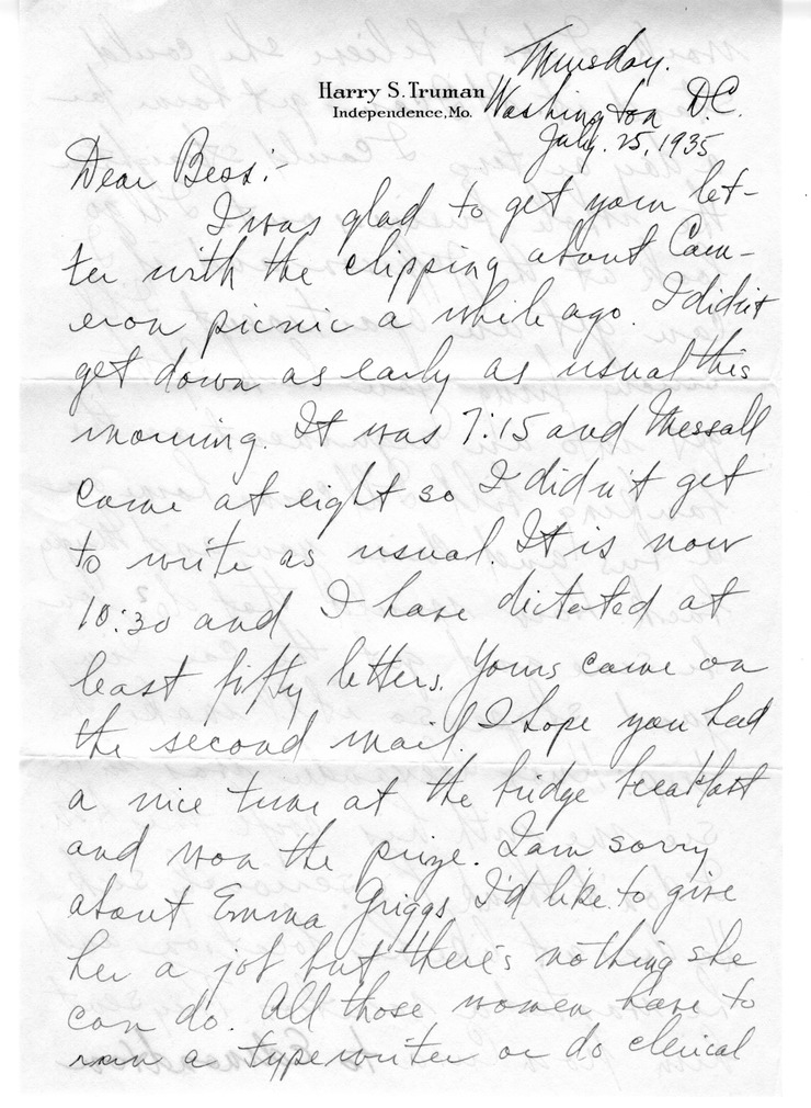 Letter from Harry S. Truman to Bess W. Truman