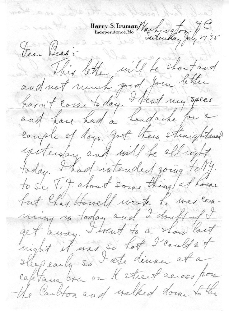 Letter from Harry S. Truman to Bess W. Truman