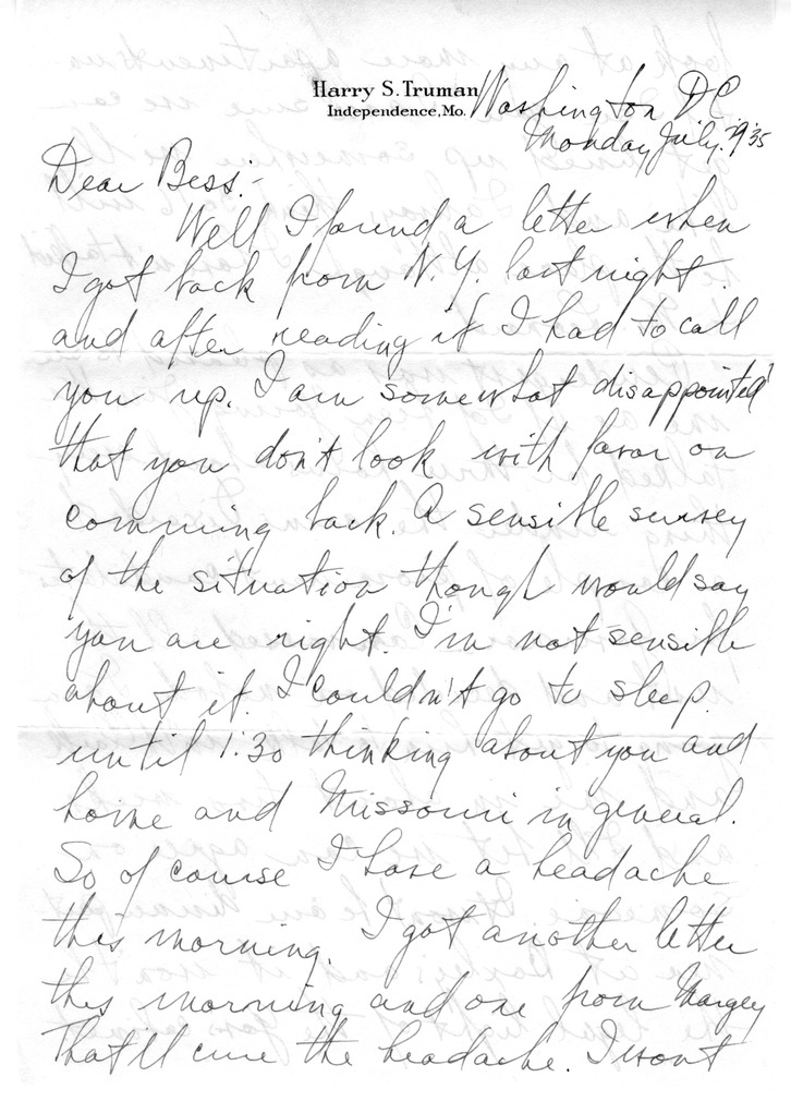 Letter from Harry S. Truman to Bess W. Truman