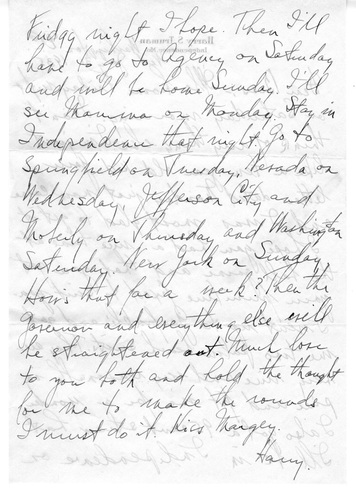 Letter from Harry S. Truman to Bess W. Truman