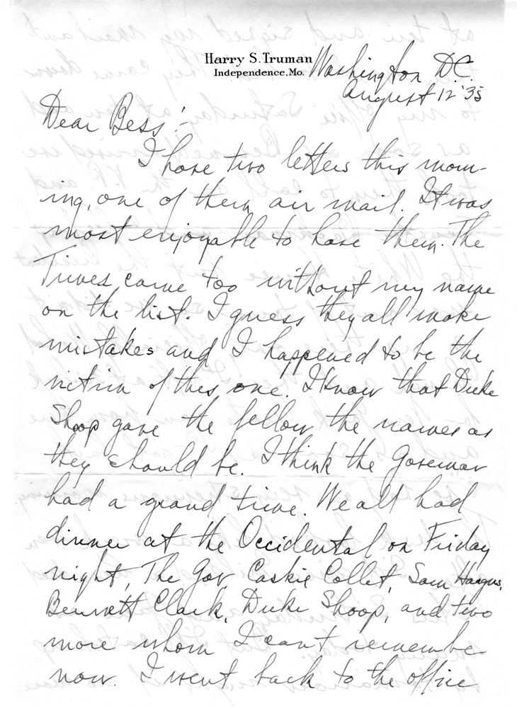 Letter from Harry S. Truman to Bess W. Truman