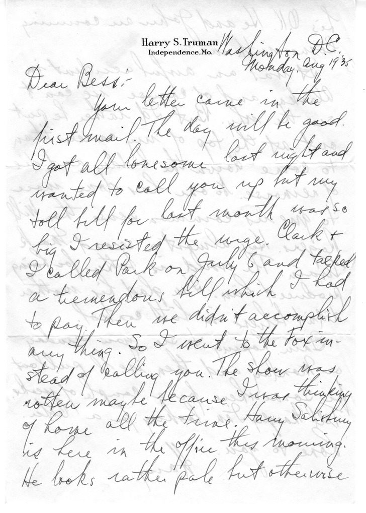 Letter from Harry S. Truman to Bess W. Truman