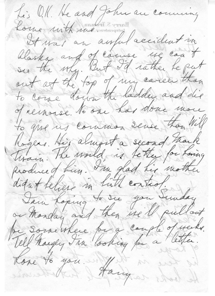 Letter from Harry S. Truman to Bess W. Truman