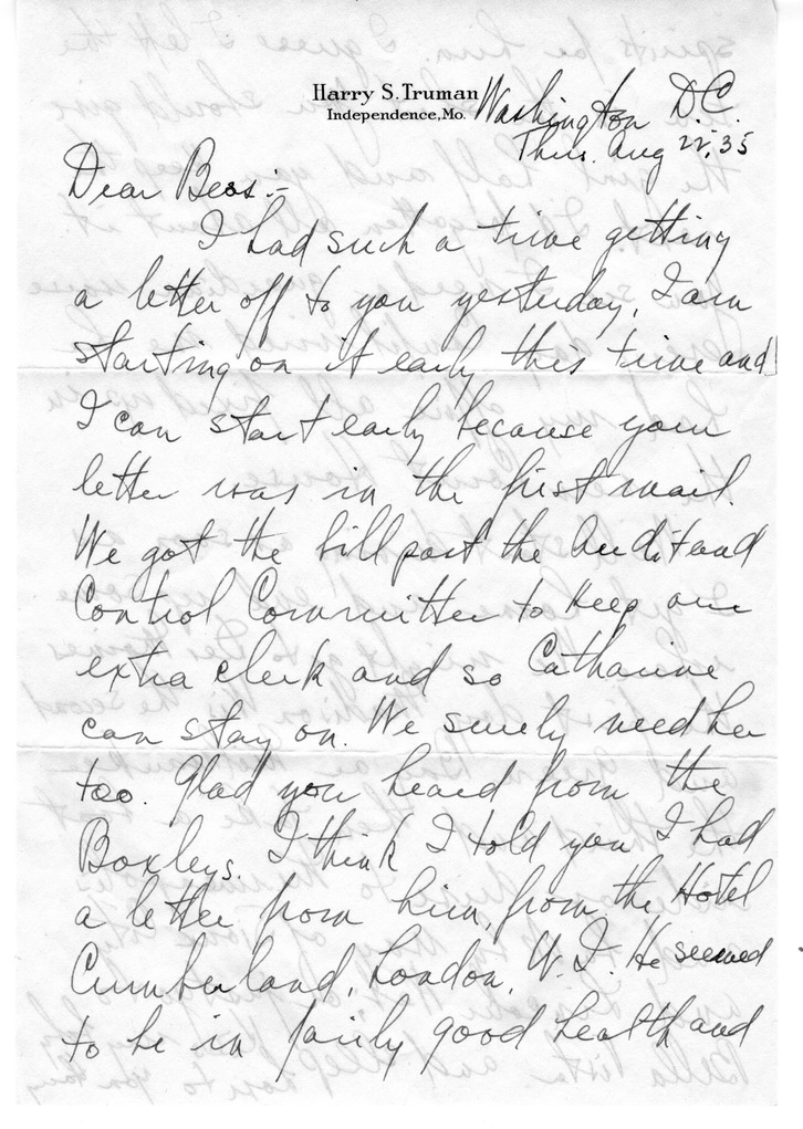 Letter from Harry S. Truman to Bess W. Truman