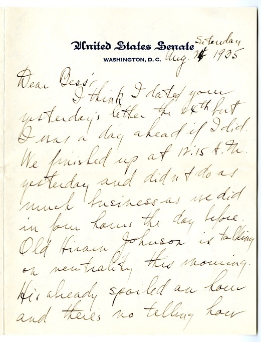 Letter from Harry S. Truman to Bess W. Truman