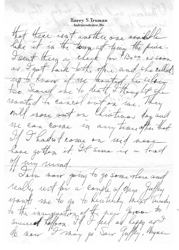 Letter from Harry S. Truman to Bess W. Truman