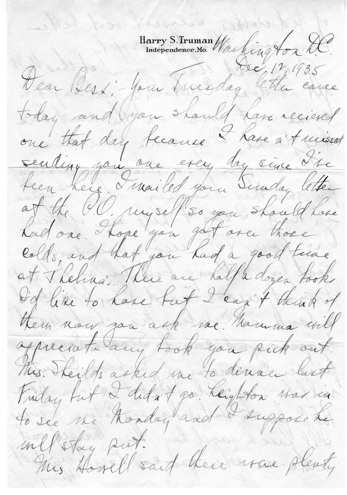 Letter from Harry S. Truman to Bess W. Truman